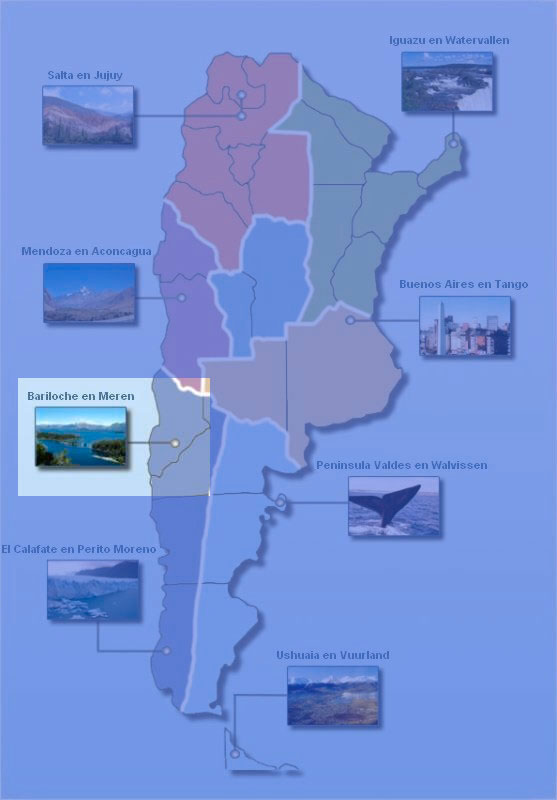Kaart Argentinië met lokatieoverzicht van Bariloche
