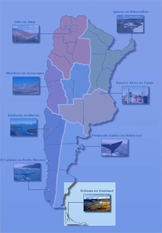 Kaart Argentinië met lokatieoverzicht van Ushuaia